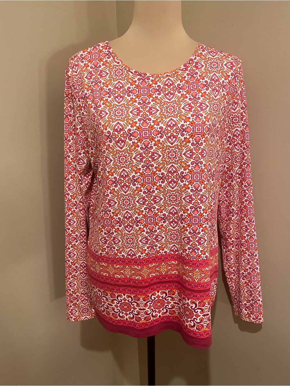 Lands' End Pink and Gold Boho Long-Sleeve Rash Guard, large